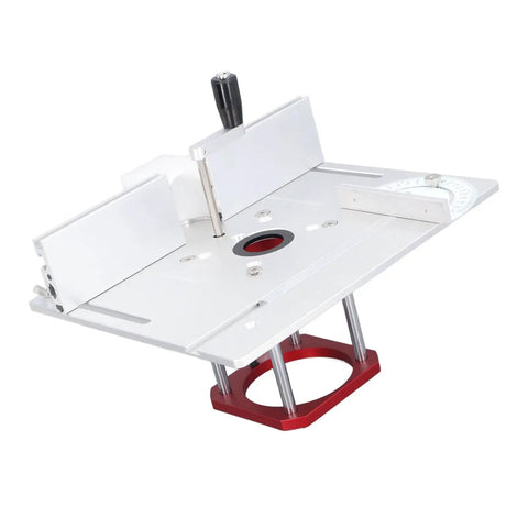 Heavy Duty Router Table Kit With Badass Zero To Fifty Four Millimeter Lift System and Rock Solid Insert Plate pro handle setup view.