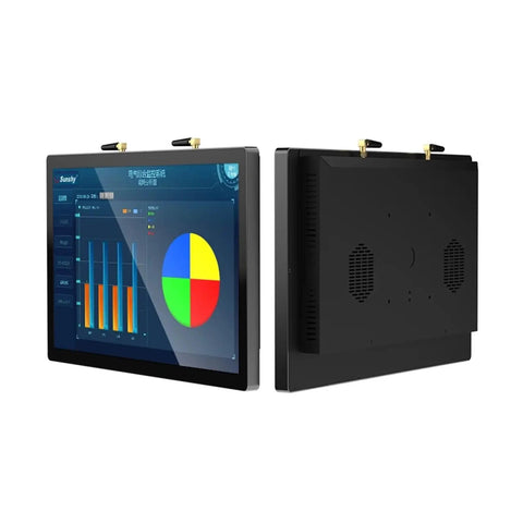 15.6 Inch Industrial Touchscreen Monitor With Capacitive Display And Wall Mount Desktop Setup featuring front and back views showcasing rugged design.