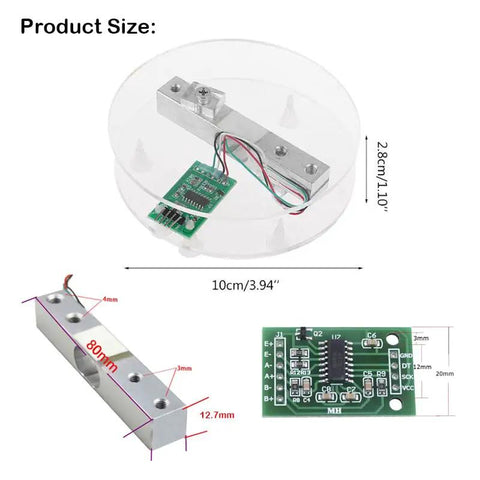 20Kg Digital Load Cell Weight Sensor With HX711 ADC Breakout Module dimensions and components view