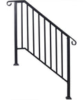 Top Shelf Three Step Outdoor Handrail, Black Metal Stair Railing Kit With Curved Wrought Iron Balusters, Zero Hassle Safety Grab Bar for Concrete Steps, Deck And Porch Entryway. Black metal handrail with curved end and straight balusters.