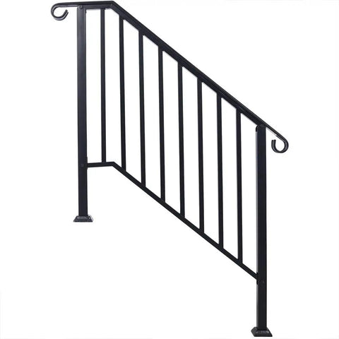 Top Shelf Three Step Outdoor Handrail, Black Metal Stair Railing Kit With Curved Wrought Iron Balusters, Zero Hassle Safety Grab Bar for Concrete Steps, Deck And Porch Entryway. Black metal handrail with curved end and straight balusters.