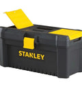 Essential 16 Inch Toolbox in Black and Yellow With Top Organizers, Handy Tool Tray And Side Access, Geometric Lock Latch visible