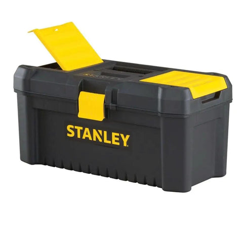 Essential 16 Inch Toolbox in Black and Yellow With Top Organizers, Handy Tool Tray And Side Access, Geometric Lock Latch visible