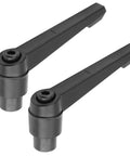 Heavy Duty 2 Pcs M10 Clamping Lever Handle With Female Thread Quick Release Lock And Rock Solid Aluminum Alloy Adjustable Knurled Thumb Wheel Knob For Garage Work And Woodshop Projects In Matte Black on a white background.