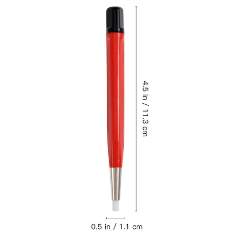 Side view of the red Drilling Cleaning Pen With Fiberglass Brush And Precision Abrasive Stick, 4.5 inches long with cap.