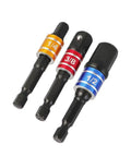 Grab These 3-Piece Drill Socket Adapter Sets With One-Quarter, Three-Eighth And Half Inch Hex Shank Extensions Perfect For Your Impact Wrench Driver Kit. Ball lock adapters in 1/4, 3/8, 1/2 inch chrome vanadium steel