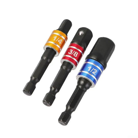 Grab These 3-Piece Drill Socket Adapter Sets With One-Quarter, Three-Eighth And Half Inch Hex Shank Extensions Perfect For Your Impact Wrench Driver Kit. Ball lock adapters in 1/4, 3/8, 1/2 inch chrome vanadium steel