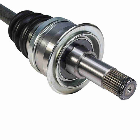 Right Rear Passenger Side CV Axle Shaft Assembly close-up view showing metal shaft and rubber boot for smooth operation.