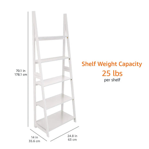 Five Tier Ladder Bookshelf With Solid Rubberwood Frame And Clean White Finish No Hassle Assembly Compact Storage Organizer For Small Space Built Tough Display Rack For Books Plants And Home Stuff Smooth Vibes