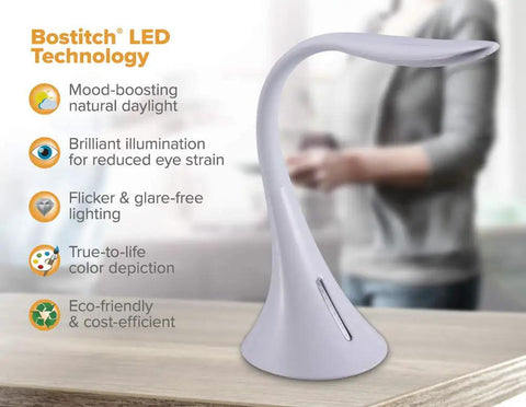 Lit LED Desk Lamp With 8W Power White Finish Three Color Temperature Modes flexible silicone neck on desk