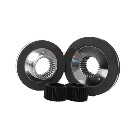 Front view of two black electromagnetic motor brake discs with silver inner splined bores