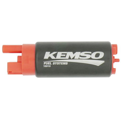 340 LPH Beefed Up High Performance Fuel Pump replaces Walbro 255 LPH GSS342, side view, orange connectors, black body