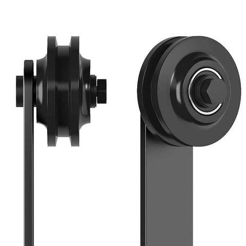 Side view of sliding barn door roller hardware set in black for 1-3/8 to 1-3/4 inch doors, heavy duty carbon steel hangers LK-I style.