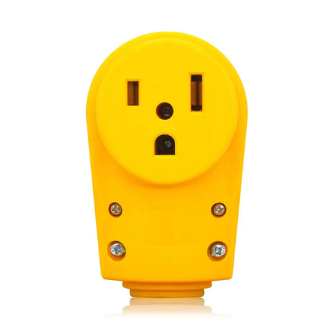 Front view of NEMA 6 50R Receptacle Replacement 50 Amp 250 Volt 3 Wire Grounded Heavy Duty Power Cord Outlet, yellow housing with handle