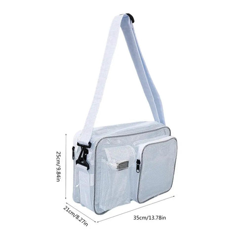 Killer Protective Clear Crossbody Tool Bag For Cleanroom Engineers Featuring Sick Storage And Secure Computer Carrying With Smooth Adjustable Straps That Are Zero Hassle, side view with measurements.