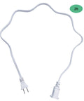 Short White Indoor Extension Cord Two Foot, Polarized 2 Prong NEMA 5-15P to 5-15R shown coiled with a two-foot length label