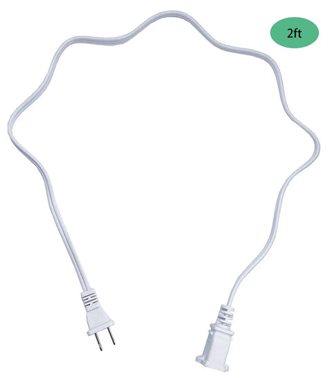 Short White Indoor Extension Cord Two Foot, Polarized 2 Prong NEMA 5-15P to 5-15R shown coiled with a two-foot length label