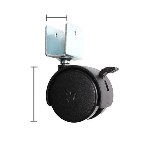 4PCS/Lot Black Caster Wheels with Brake for Office Chairs Bed carts Trolley Furniture Casters Wheels shown from the side with bracket.