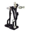 Close-up of black aluminum alloy V-brake caliper with hardware for Pair Of Front And Rear V Brake Caliper Set For Mountain Bikes Long Arm 110 Mm Arms 70 Mm Pads Aluminum Alloy Rim Brakes With Adjustable Spring Tension Lightweight Stopping Power Includes Hardware 2 Year Warranty.
