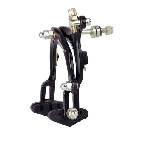 Close-up of black aluminum alloy V-brake caliper with hardware for Pair Of Front And Rear V Brake Caliper Set For Mountain Bikes Long Arm 110 Mm Arms 70 Mm Pads Aluminum Alloy Rim Brakes With Adjustable Spring Tension Lightweight Stopping Power Includes Hardware 2 Year Warranty.