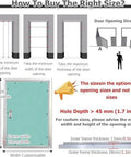 Guide for sizing adjustable drywall access panel with keyed lock showing door opening directions and dimensions.