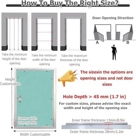 Guide for sizing adjustable drywall access panel with keyed lock showing door opening directions and dimensions.