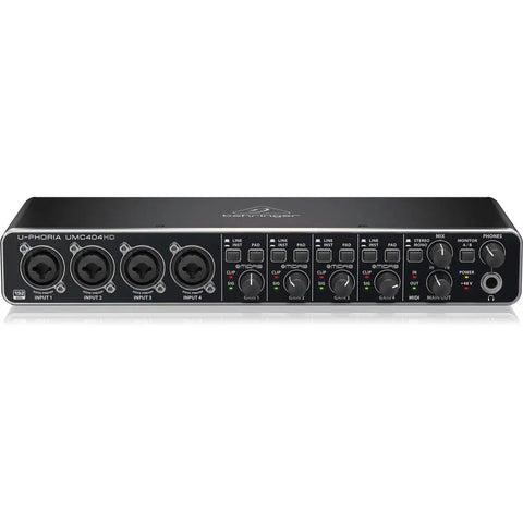 Front view of UMC404HD 4x4 USB Audio Interface With Midas Mic Preamps 24-Bit 192 kHz Studio Grade For Pros showing inputs and controls.