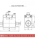 Technical diagram of 0.05 Nm dynamic torque sensor with real time monitoring and high accuracy, showing dimensions and design.