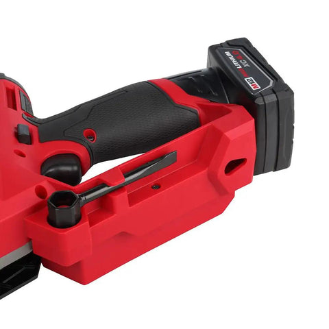 Close-up of M12 Fuel Pruning Saw Kit With A 6 Inch Blade Cordless 12V Power, showing red and black handle and battery compartment.