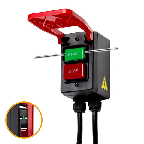 120V Knee Paddle Switch For Power Tools, 15 Amp, 5.5 Ft Cord, Hands Free Safety Cutoff For Table Saws, Router Tables, Drill Presses, Benchtop Saws, And Bandsaws Heavy Duty Easy Stop with red cover, green start and red stop buttons.