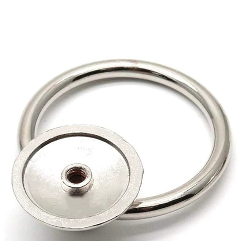 Close-up of silver tone ring knob with base, part of Six Piece Silver Tone Drawer Ring Pull Knob Set Includes Screws Two Inch Total Length