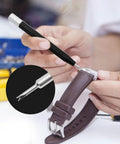 3 In 1 Watch Repair Tool Kit With Pin Pusher And Spring Bar Remover MM Scale Bracelet Sizer in use on leather watch band
