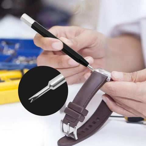 3 In 1 Watch Repair Tool Kit With Pin Pusher And Spring Bar Remover MM Scale Bracelet Sizer in use on leather watch band