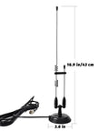 Dual Band Ham Antenna For 2M And 70cm Radios With Magnet Mount And 13 Foot RG58 Coax Cable PL259 Plug 136 To 174 MHz And 400 To 470 MHz Coverage Mobile Car Antenna Kit For Peak VHF UHF Performance, shown with size dimensions.
