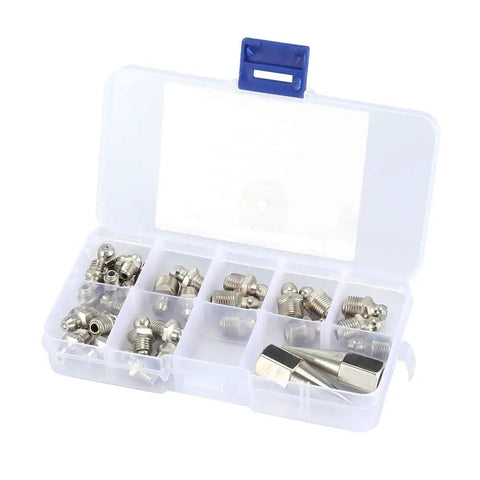 Open box displaying Premium Brass Zerk Grease Nipple Fitting Kit 32 Pcs M6 M8 M10 Sizes Heavy Duty Wear Resistant Lubrication Fittings.