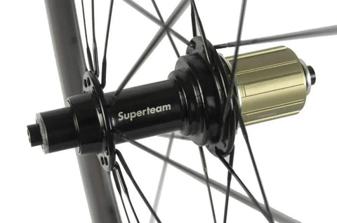 Close-up of hub and spokes for 50mm Carbon Clincher Wheelset For 700C Road Bikes, 23mm Rim Width, Deep Aero Profile, Basalt Braking Surface