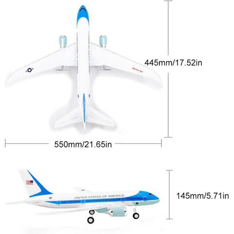 Noob Friendly RC Plane For Kids And Boys, 3CH Remote Control Airplane size dimensions front and side view with Dreamliner Inspired 787 Design