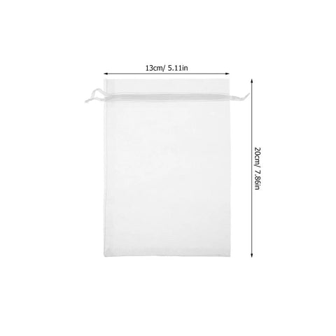 White Organza Drawstring Favor Bags Pack Of 100 Reusable Mesh Pouches, dimensions 13cm x 20cm, for wedding and gift packaging.