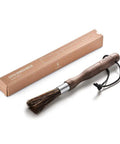 Barista Grade Coffee Grinder Cleaning Brush With Natural Boar Bristles And Walnut Handle Hanging Strap For Easy Drying Pro Home Kitchen Tool For Fresh Squeaky Clean Grinders displayed with packaging