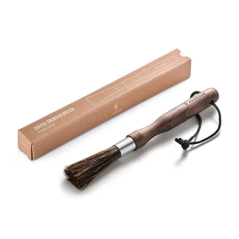 Barista Grade Coffee Grinder Cleaning Brush With Natural Boar Bristles And Walnut Handle Hanging Strap For Easy Drying Pro Home Kitchen Tool For Fresh Squeaky Clean Grinders displayed with packaging