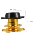 Quick Release Steering Wheel Hub Adapter For Racing Cars, Fast disconnect wheel tool with universal fit in black and gold, dimensions 8x6.3cm