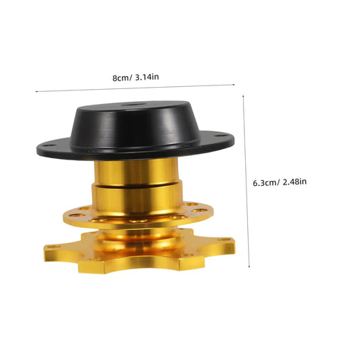 Quick Release Steering Wheel Hub Adapter For Racing Cars, Fast disconnect wheel tool with universal fit in black and gold, dimensions 8x6.3cm