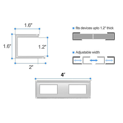 Dimensions of Hella Sturdy Under Desk Laptop Mount With Heavy Duty Metal Frame, fitting devices up to 1.2 inches thick.
