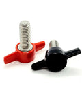 Badass 3/8 X 1 T Bolts With Butterfly Clamping Knobs Solid 304 Stainless Steel Thumb Screws in red and black colors.