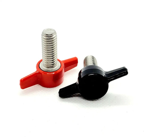 Badass 3/8 X 1 T Bolts With Butterfly Clamping Knobs Solid 304 Stainless Steel Thumb Screws in red and black colors.