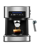 Top Shelf Electric Coffee Machine And Milk Frother Featuring Stainless Steel Build Removable Reservoir Safety Valve No Fuss Drip Tray And Custom Strength Settings For Killer Home Barista Drinks brewing espresso shot in a glass cup.