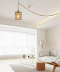 Straight Up Chic Boho Woven Rattan Plug In Pendant Ceiling Light Casting Dreamy Art Deco Wall Shadows And Bringing Super Chill Vibes To Every Cozy Room Today in a modern living room with beige tones.