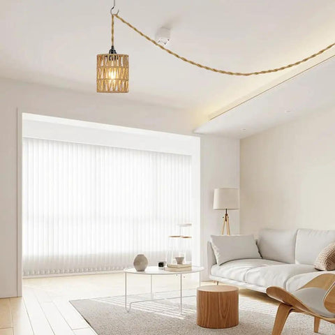 Straight Up Chic Boho Woven Rattan Plug In Pendant Ceiling Light Casting Dreamy Art Deco Wall Shadows And Bringing Super Chill Vibes To Every Cozy Room Today in a modern living room with beige tones.