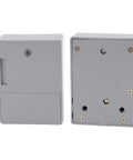 Kick Back And Relax Knowing This Heavy Duty Electronic Cabinet Lock Kit Keeps Your Drawers Locked Tight With Easy Peasy Keypad And Remote Access Plus Crisp Audio Chimes For Rock Solid Kid Safe Storage You Can Trust. Gray electronic cabinet lock kit viewed from front and back, showcasing its sleek design.