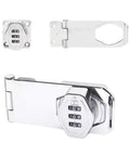 Gate Locks Twist Hasp Latches Without Combination Lock, chrome finish, 3-piece set view with locking mechanism.
